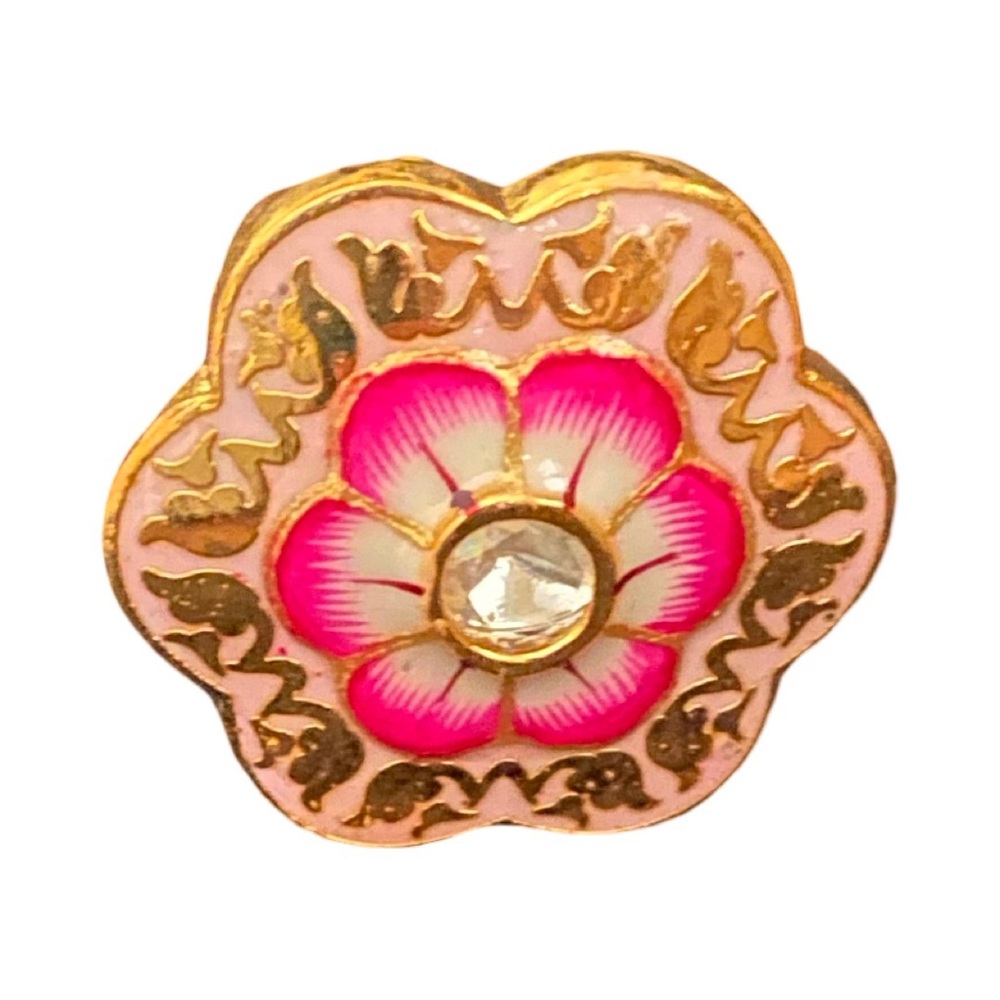 Indian Wedding Pink Gold Floral Polki Kundan Enamel Meenakari Adjustable Ring